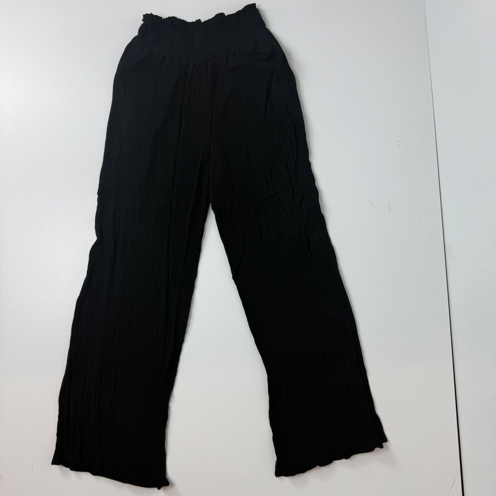 Final Touch Womens Black Crinkle Rayon Wide Leg Smocked High Waist Pants S
